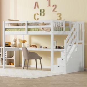 Lit Mezzanine Enfant 90x200 Cm Avec Bureau Et Rangements - Pin, Gris, Escalier, Capacité 120 Kg - 5