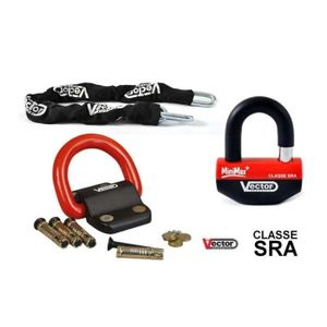 ANTIVOL - BLOQUE ROUE VECTOR - Kit Antivol Chaîne 1,30M + Cadenas/Bloque-Disque Minimax+ SRA + Fixation Compac Blok