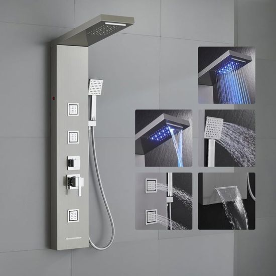 Panneau De Douche Nickel Brossé Effet Pluie Et Massage - Fixe, Céramique, Grand Format
