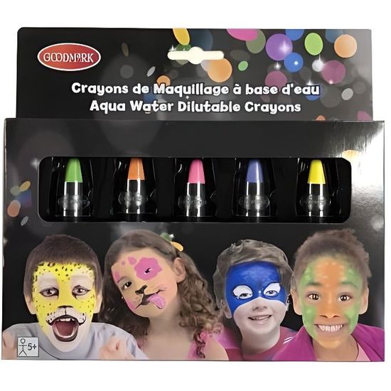 Crayons de maquillage à l'eau fluorescents pour enfant - Lot de 5 - Couleurs : vert, orange, rose, violet, jaune