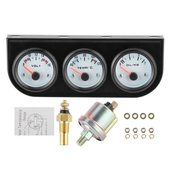 Kit Triple Jauges Universel Voiture 52 Mm - Pression Huile, Température Eau, Volts - Éclairage, Pour 12V Essence/Diesel