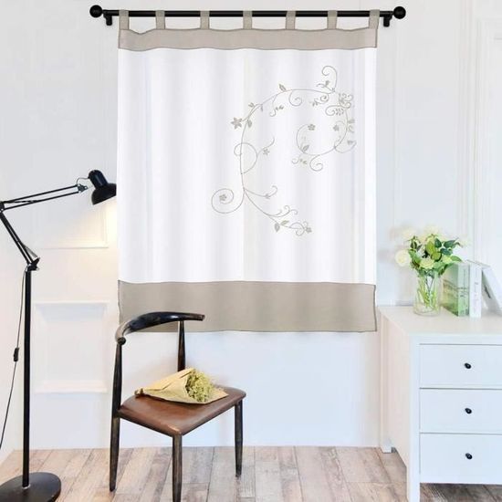 Store Romain (1 Pièce) - Voilage Brodé Fleuri - Taille 60x120 Cm - Tulle/Lin De Coton Effet - Semi-transparent - Neuf