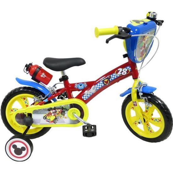 Vélo enfant 12" Garcon  " Mickey/Disney " Équipé  de 2 Freins - Stabilisateurs - Monovitesse