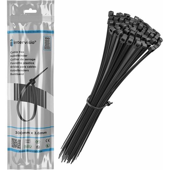 Lot De 100 Attaches Câble Nylon Noires 300mm - Résistance 18kg, Pour Rangement Et Fixation