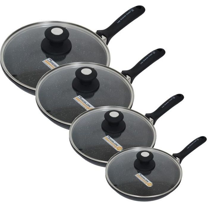 Les Grands Chefs Professionnel – lot de 4 Poêles Pierre 20/24/28/32 CM - Inclus Manche Amovible, Couvercle et Disque anti-rayures