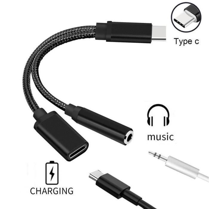 Adaptateur Type C-Jack pour MacBook Pro Thunderbolt 3 USB-C 2 en 1 Audio USB-C Ecouteurs Chargeur Casque (NOIR)