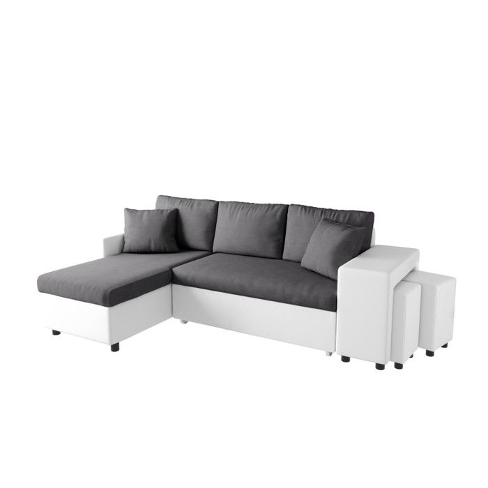 Canapé d'angle droit convertible Gris/Blanc avec coffre et poufs OSLO
