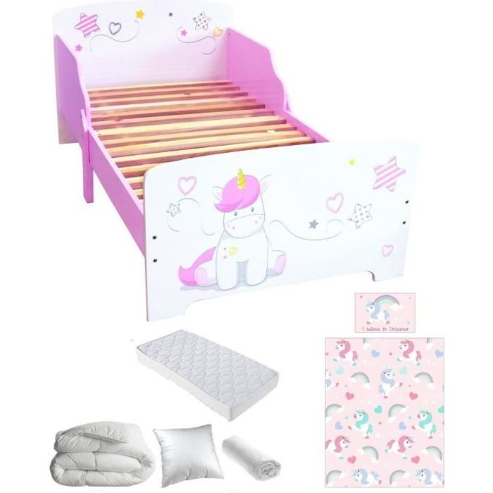 Pack complet Premium Lit enfant Licorne = Lit+Matelas & Parure+Couette+Oreiller Blanc, Rose