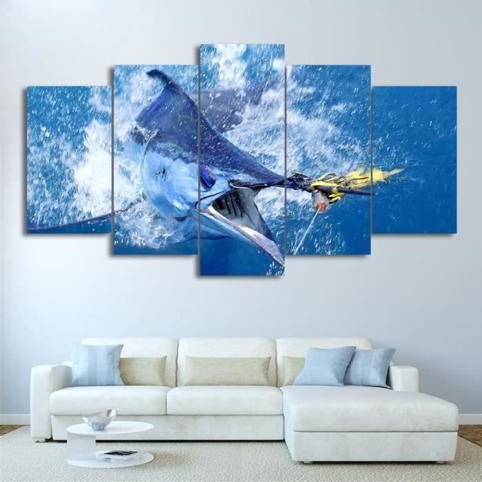 lingzhishop,56593-(Pas de cadre)Toile Imprimer 5 pièces Sauter Marlin Thon Poissons Peinture la Pêche Voilier Affiche Sa~CC1050