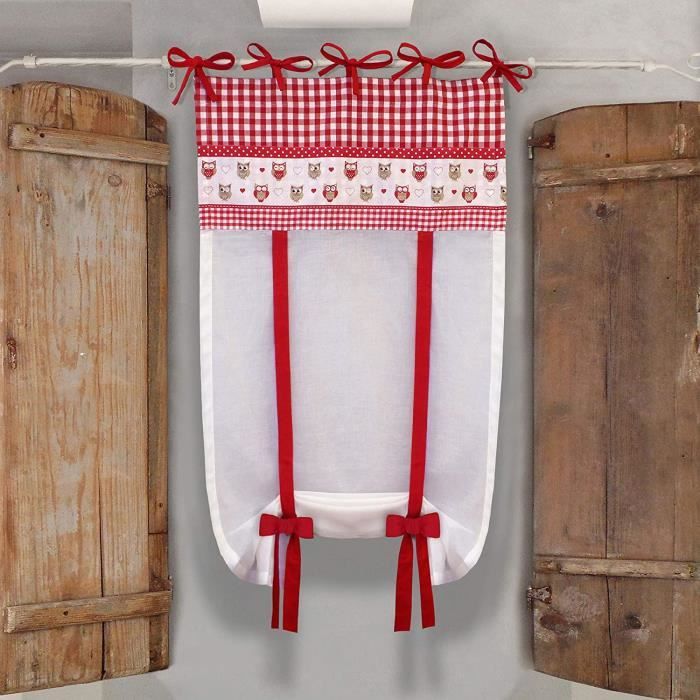 GLShabby Rideau Store en Coton À Carreaux, Rideau pour Fenêtre avec Motif d'Hiboux, Store Relevable, Brises Bise Campagne Chic - Car