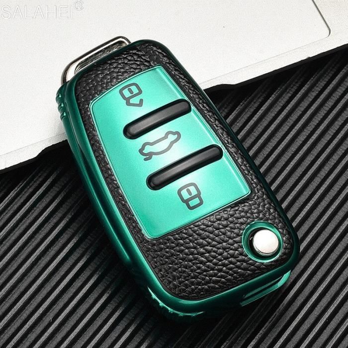 Coque clé,Nouveauté En Cuir + TPU VOITURE Pliante Etui Clés Shell Pour Audi A1 A3 A4 A5 A6 B6 B7 B8 Q3 Q7 S3 C5 C6 - Type A-green