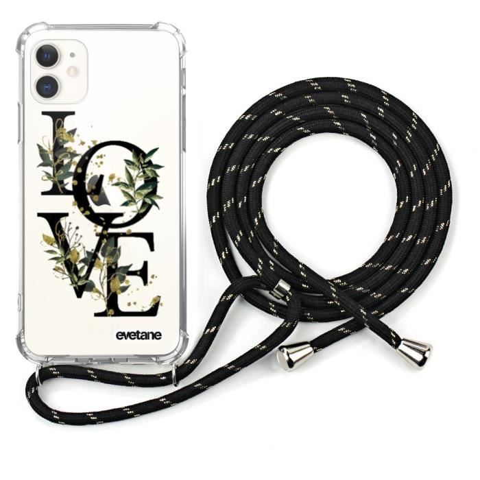 Coque iPhone 11 anti-choc silicone avec cordon noir-Love Bamboo