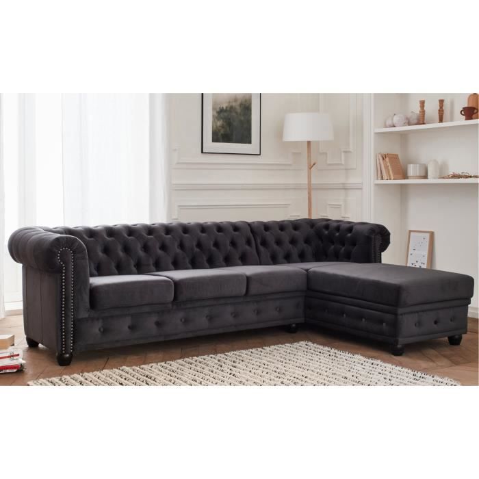 Canapé d'angle 4 places Gris Tissu Chesterfield