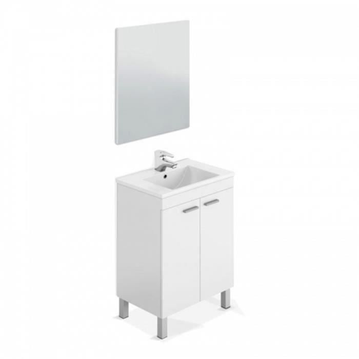 Meuble Sous-vasque avec 2 portes + Miroir coloris blanc brillant - 80 x 60 x 45 cm