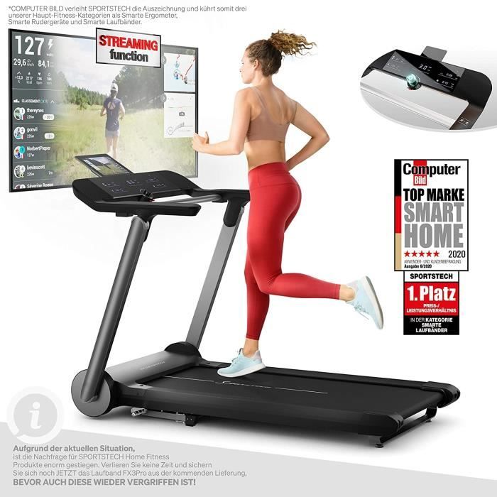 Tapis de Course Sportstech FX3 Pro Design I Aucun Montage I Extra Silencieux 20 km/h, Affichage LED, système de Lubrification