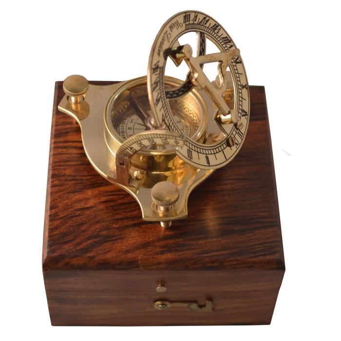 Zap Impex ® Laiton Cadran Solaire, Boussole Laiton nostalgique Horloge dans Une boîte en Bois Boîte Cadeau en Bois, Boussole 7,6