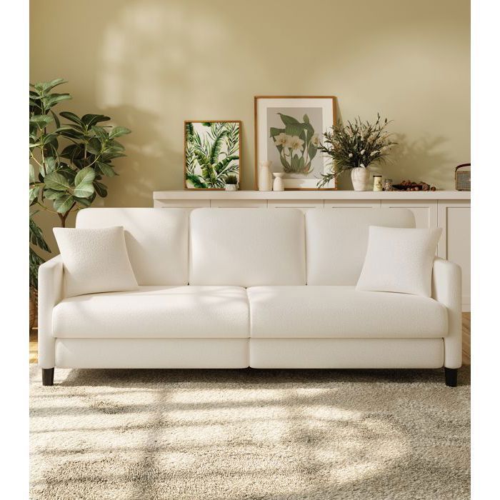 Grand Canapé 3 Places en Velours Teddy Beige avec 3 coussins2 oreillersCanapé Scandinave pour SalonChambre à Coucher210×78×85CM