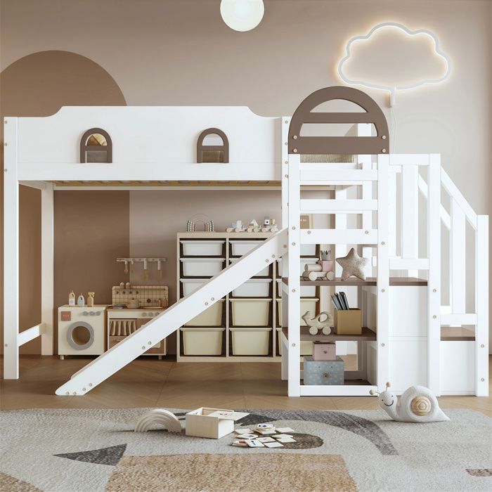 DRIPEX Lit enfant 90x200cm avec toboggan et escalier avec main courante devant Lit superposé design polyvalent Blanc