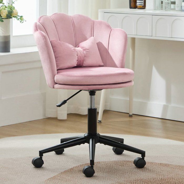 Chaise de bureau - LANGTU - Modèle Pétale - Velours Rose - Hauteur réglable 45-55 cm - Pivotante 360°