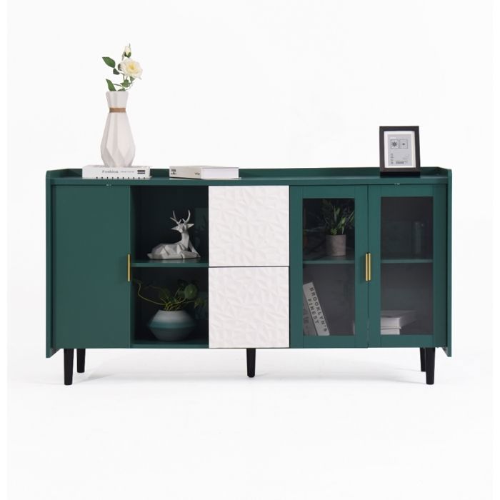 Buffet avec 2 Tiroir 2 Étagères Ouvertes et 2 Portes Vitrées Armoire de Bar à Café Meuble de Rangement 150 x 40 x 80 cm Vert