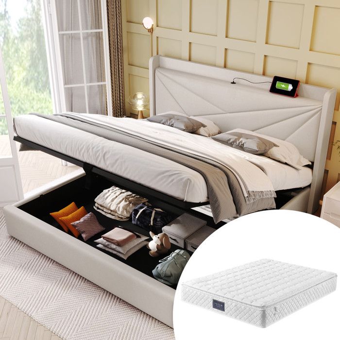 Lit 2 Personnes 140x200 cm avec Prise USB Cadre de Lit avec TêTe de Lit et Matelas Lit Double avec Sommier à Lattes Beige