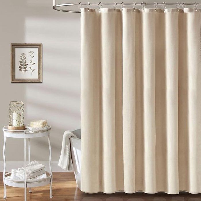 Rideau de douche effet lin Floraweg polyester imperméable anti-moisissure 12 anneaux lavable 180 x 200 cm beige