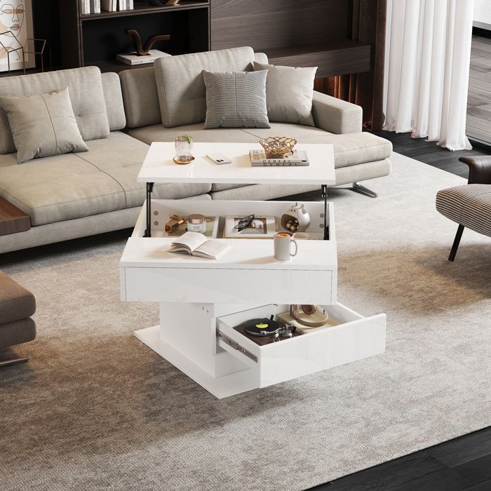Table basse salon géométrique 70x70x45 cm avec plateau de table rotatif à 360° Table de salon relevable avec 1 tiroir Blanc