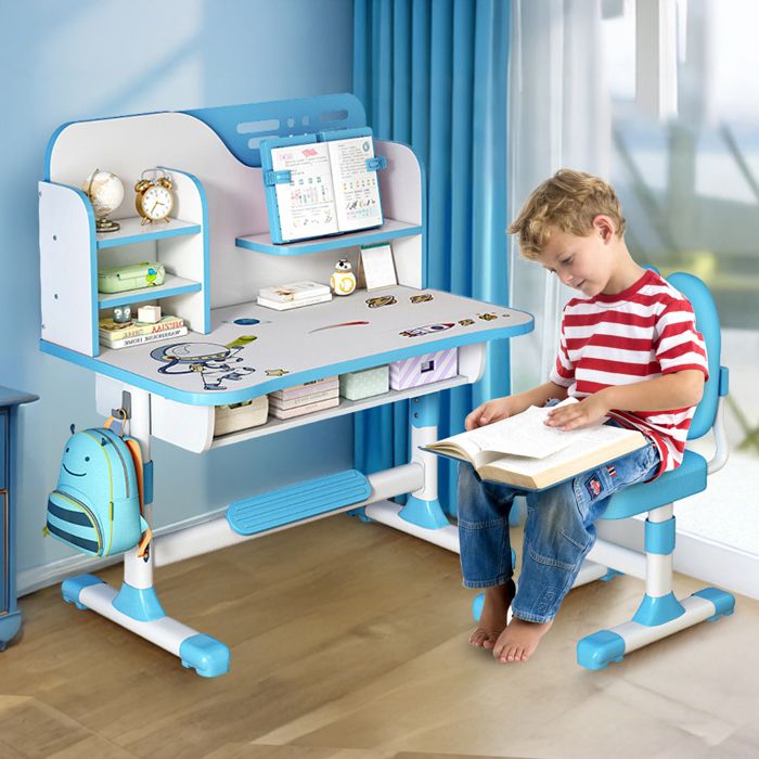 Bureau enfant multifonction inclinaison réglable avec compartiments rangement et chaise ergonomique pour posture correcte