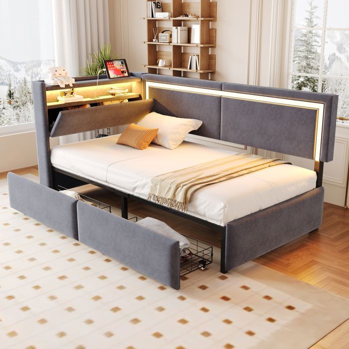 Lit Simple 90x200 cm avec 2 Grands Tiroirs - Canapé Lit Convertible avec LED et USB Rangement Tête de Lit Velours Gris
