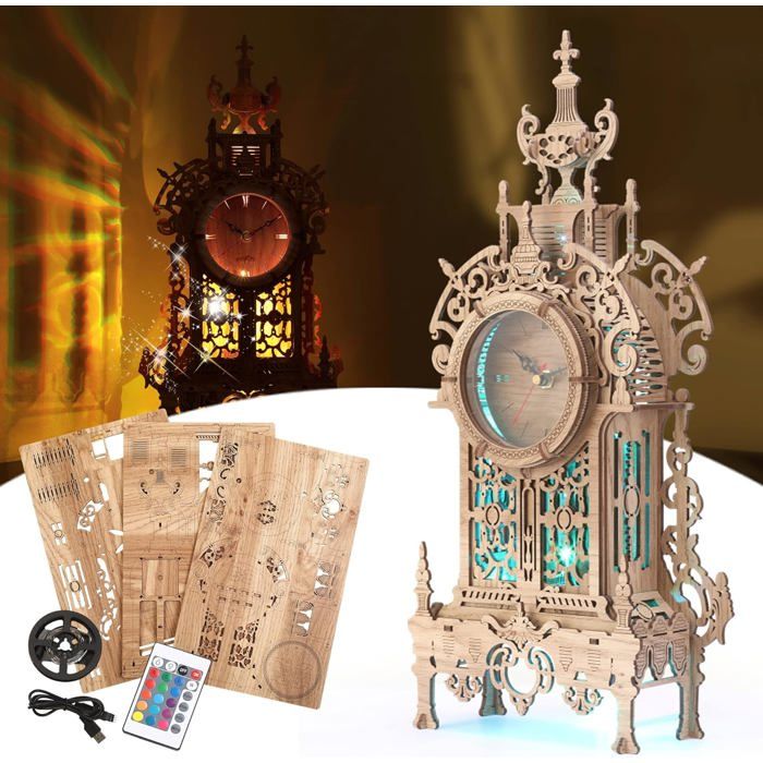 Puzzle 3D Maquette en bois - FUNPOLA - LED-WTC01 - Horloge Steampunk - LED 16 couleurs - Sans outils