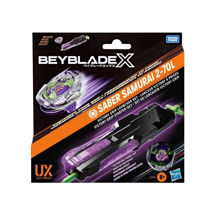Coffret toupie beyblade x pack saber samurai 2-70l - toupie + lanceur lanceur victory à prise - type attaque + 1 carte