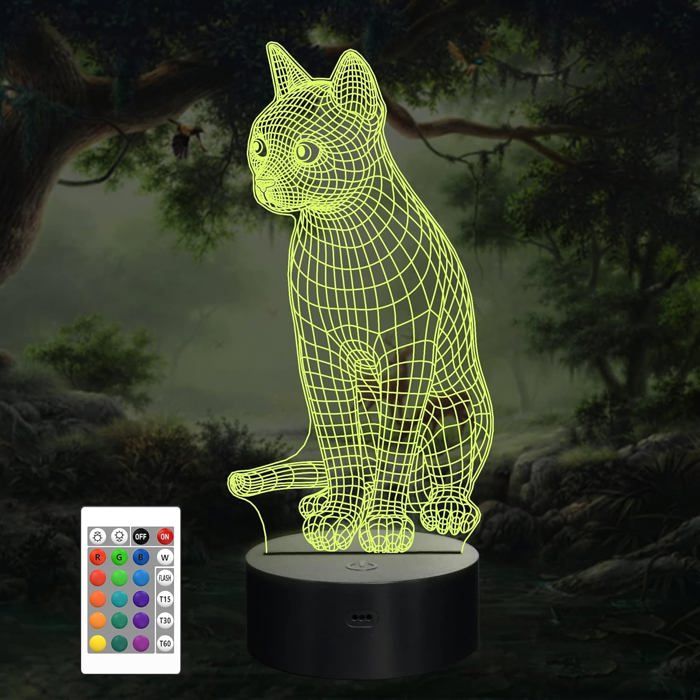 Veilleuse chat pour enfants lampe de chevet 3D en forme de chaton télécommande LED et 16 couleurs changeantes