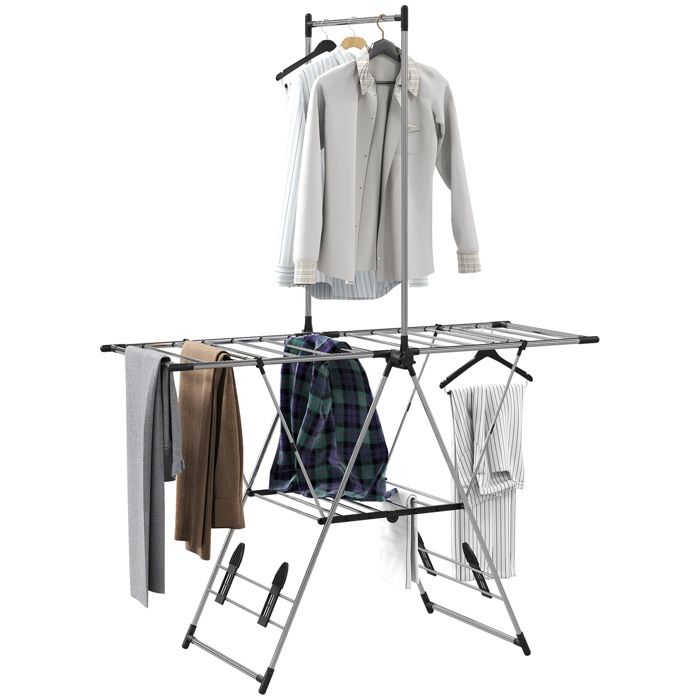 Séchoir à linge - HOMCOM - pliable - ailes réglables 5 niveaux 4 supports à chaussures - acier inoxydable - 139x625x201cm - argenté