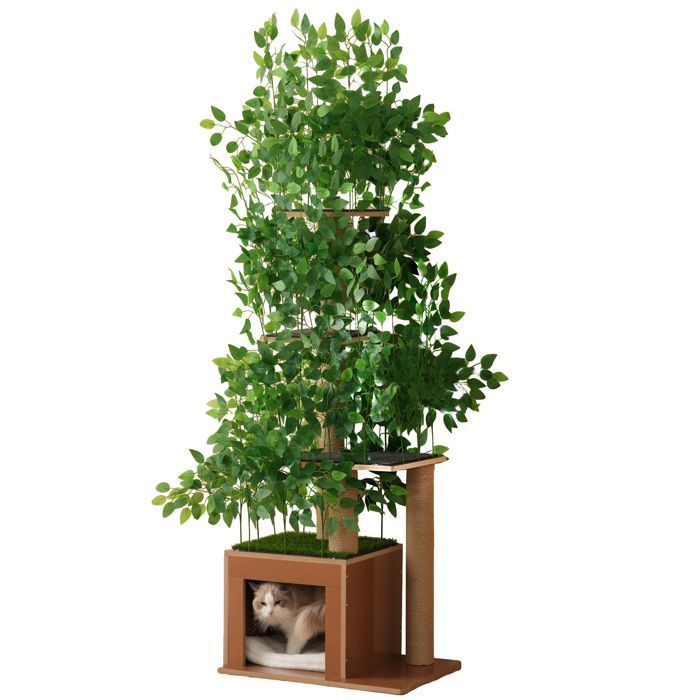 Arbre à chat en forme darbre de 190 cm de haut avec 4 plateformes et des trous pour chats matériau sans dangerfeuilles amovibles