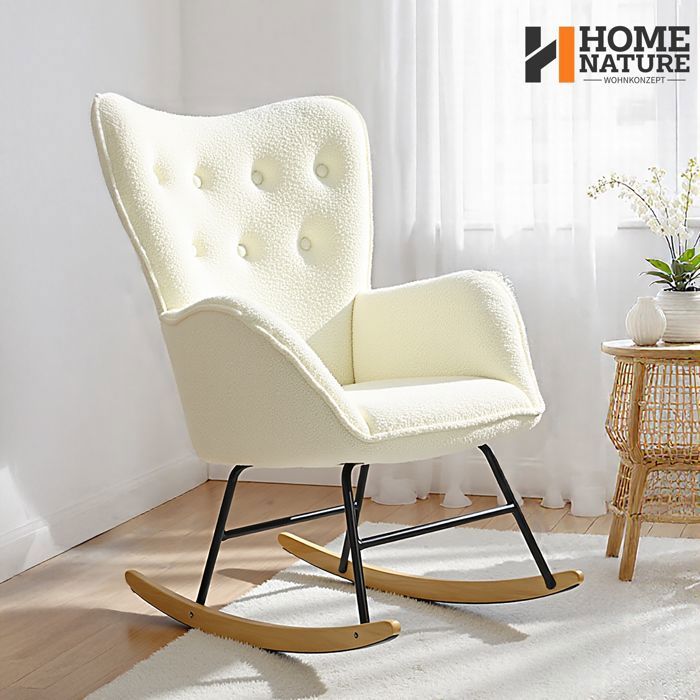 Fauteuil à bascule haut dossier - Scandinave - Tissu bouclette beige - Pieds bois & métal - Support 150 kg