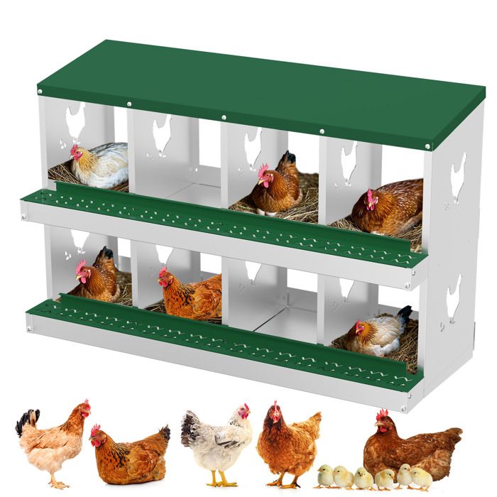 Pondoir Poules Pondeuses 8 Compartiments Poulailler en Acier Galvanisé Collecte des Œufs Couvercle Amovible Pratique Vert