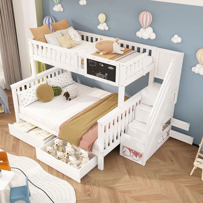 Lit Superposé 90/140x200 cm - Avec tiroirs et tableau - lit Superposé Enfant - Bois massif Sommier inclus Blanc