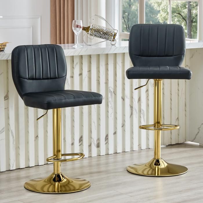 Tabouret de bar 62x83 cm EVRYAE - hauteur réglable pivotant 360 degres avec dossier et repose-pieds - Noir et or