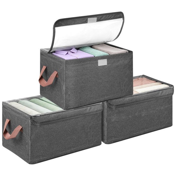 Lot de 3 Boite de Rangement Vetement 23L 40 x 27 x 21 cm Boîte Tissu Rangement Pliable en Lin avec Cadre en Acie BOITE DE RANGEMENT