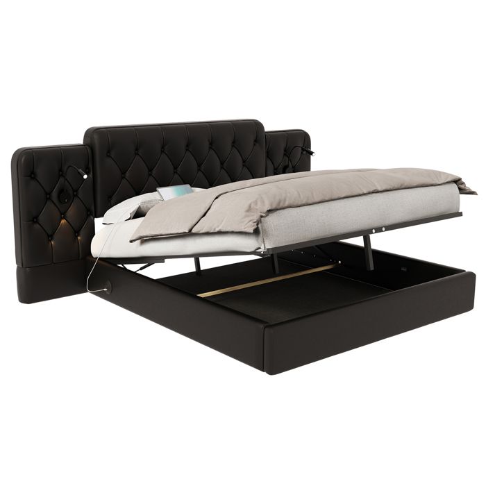 Muvoe Lit coffre cuir 160x200 - Élora - Lit double rembourré - Tête de lit élargie - Lampe et USB - Sommier hydraulique - Noir