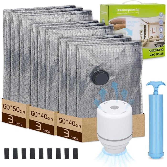 Sacs sous vide 9 pcs pompe électrique 3 tailles (40x50/40x60/50x60) rangement vêtements voyage valise