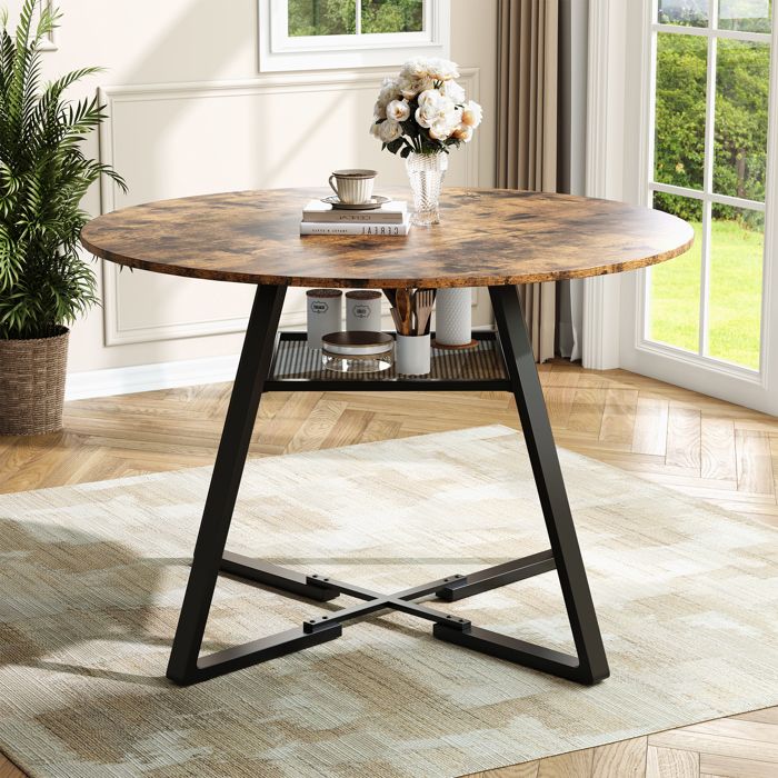 Table ronde 120 cm pour 4 personnes étagère ouverte style rétro industriel bois et métal pour cuisine ou salle à manger.