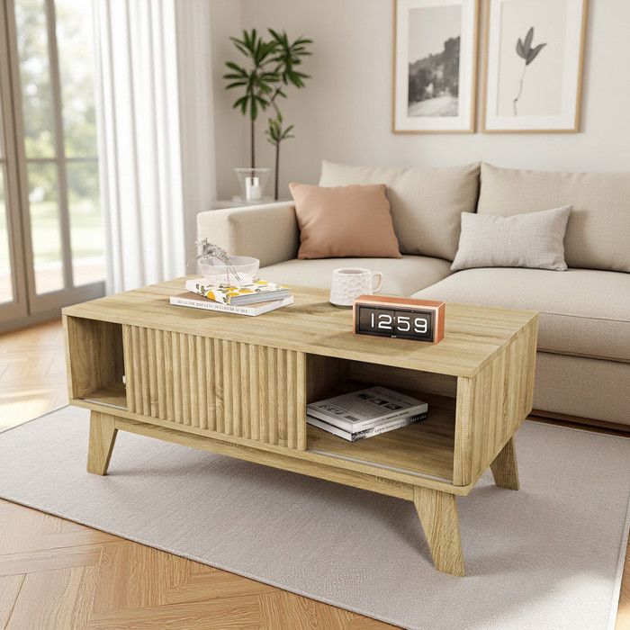 Table basse - Scandinave 95×48×42 cm - Porte coulissante à lattes - MDF bois clair - Rangement compartimenté