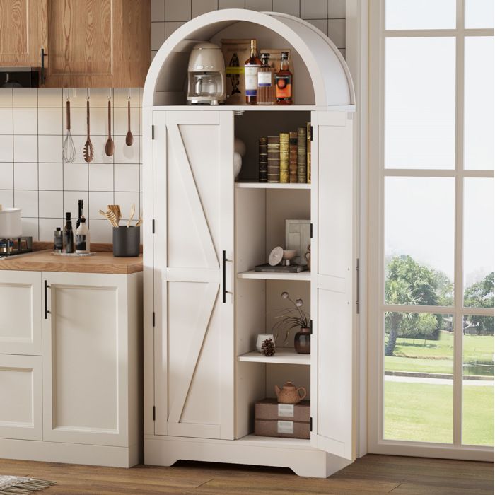 WOVREO Vitrine blanche 70 x 35 x 170 cm armoire haute 2 portes avec niche ouverte arquée MDF