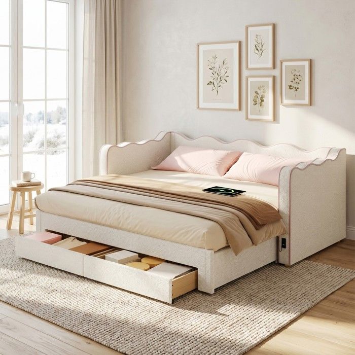 Banquette-lit capitonné tissu bouclé beige 90x200 extensible 180cm 2 tiroirs rangement port USB Sans Matelas Banquette-lit capitonné tissu bouclé beige 90x200 extensible 180cm 2 tiroirs rangement port USB Sans Matelas