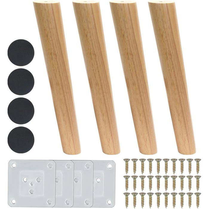 Pied de meuble en bois massif - lot de 4 - 30 cm design incliné patin antidérapant - bois de caoutchouc avec plaque de montage