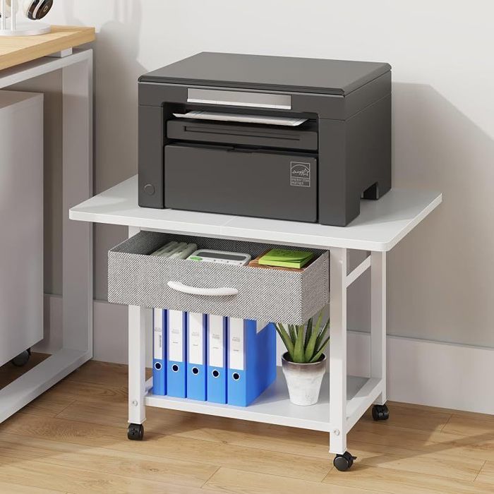 Support Imprimante 2 Niveaux avec roulettes et Tiroir Meuble pour Imprimante Bureau 56x38 cm Organisation Scanner Fax Blanc