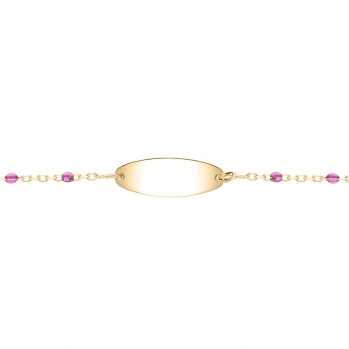 Gourmette didentité bébé - BRILLAXIS - Identité enfant - Argent doré - Perles résine violette - Plaque 21x7 mm