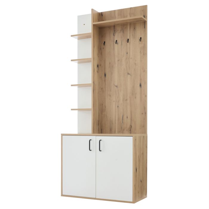 Vestiaire d’entrée 75 x 33 x 180 cm avec 6 étagères ouvertes placard 2 portes bois naturel et blanc