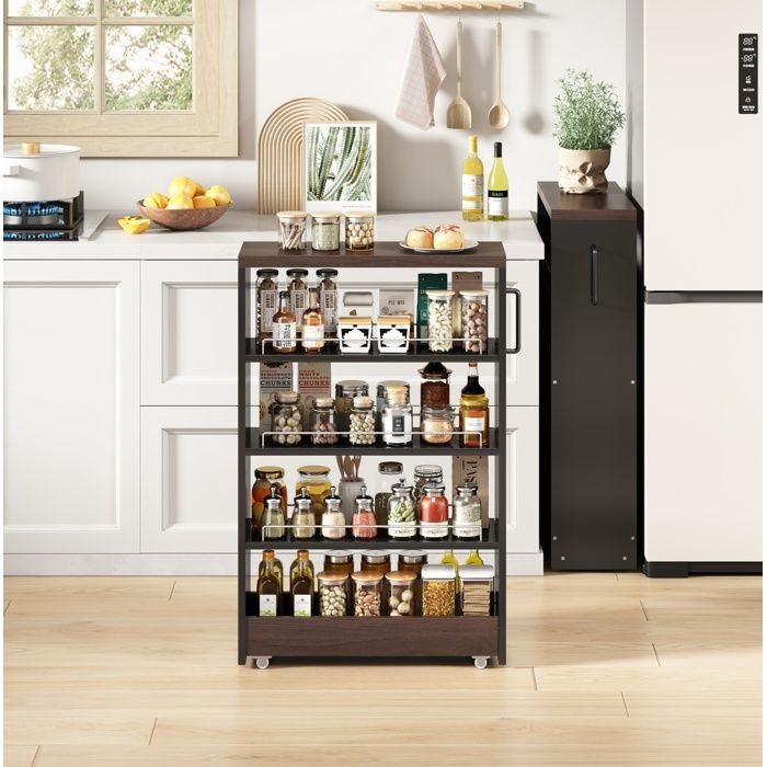Desserte de cuisine étroite avec 4 étagères réglables et 4 roulettes MDF noir et marron 55×20×85 cm - UVRION
